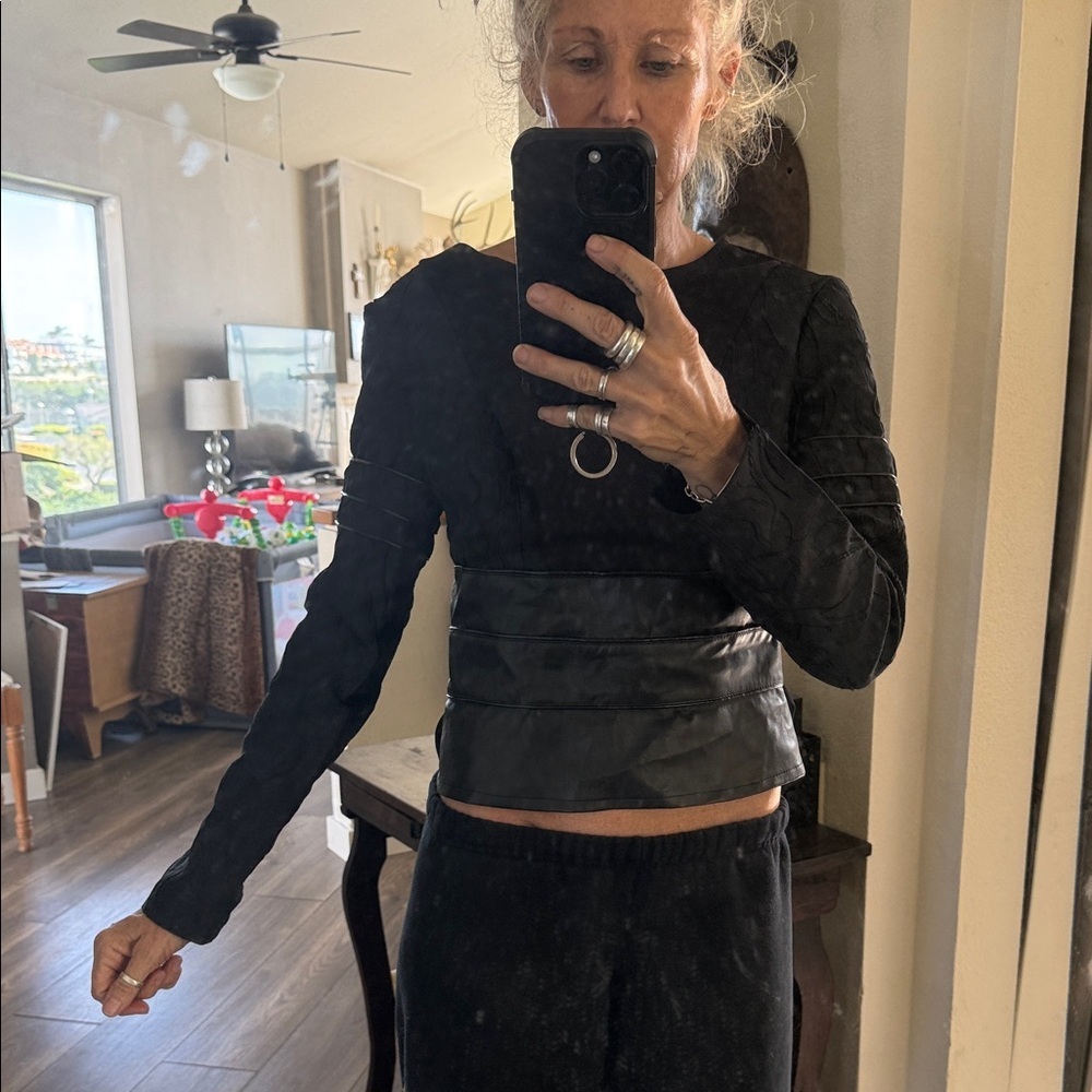 Hand made one of a kind Black Long Sleeve Top vegan leather accent funky cool
